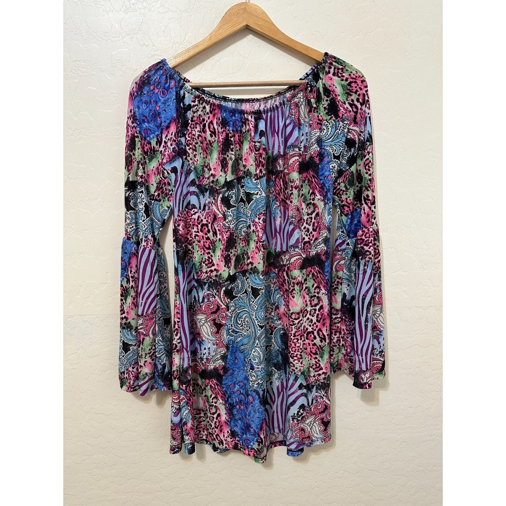 Y2K Artsy Womans Top Size XL‎ Bell Sleeve Boho Eclectic Western Wacky 70s Hippie